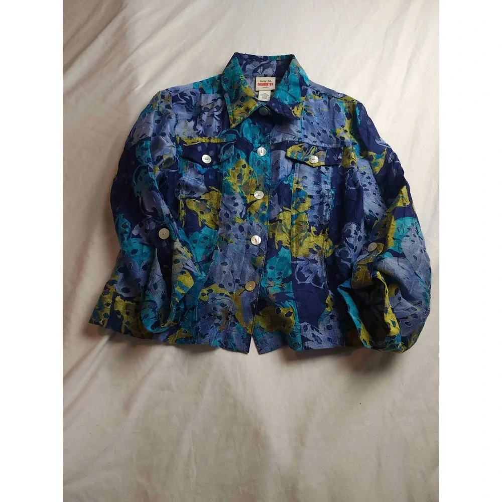 Ruby Rd. Favorites Jacket Womens Size 10P Purple Floral Roll Tab Sleeves Cropped